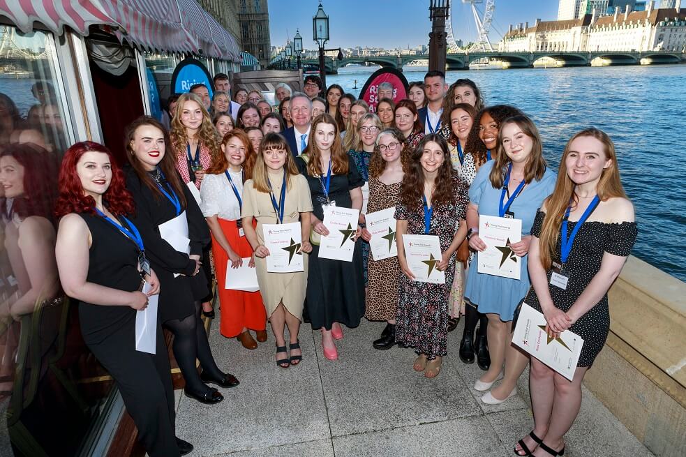 rising star award winners on the terrace at the house of lords, young people collecting awards, male and females with certificates